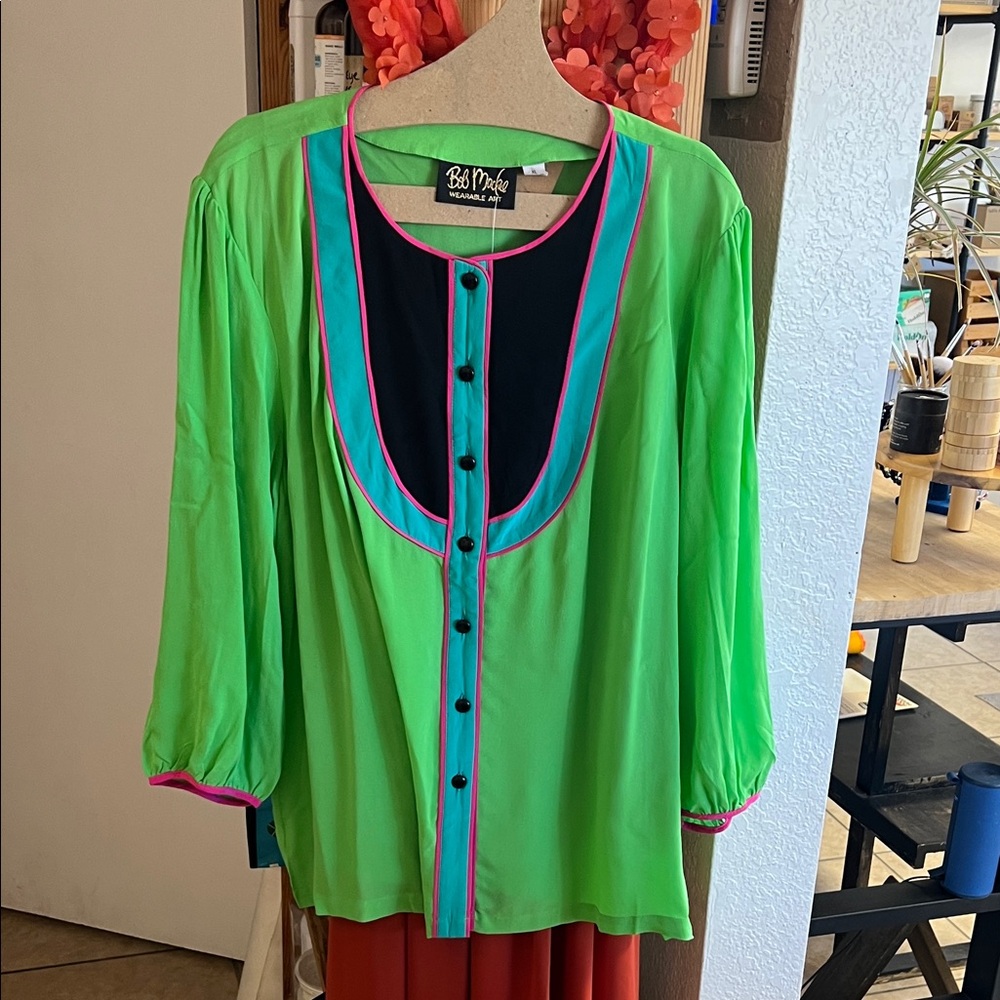 Bob Mackie Vibrant Green Blouse with Pink and Black Accents